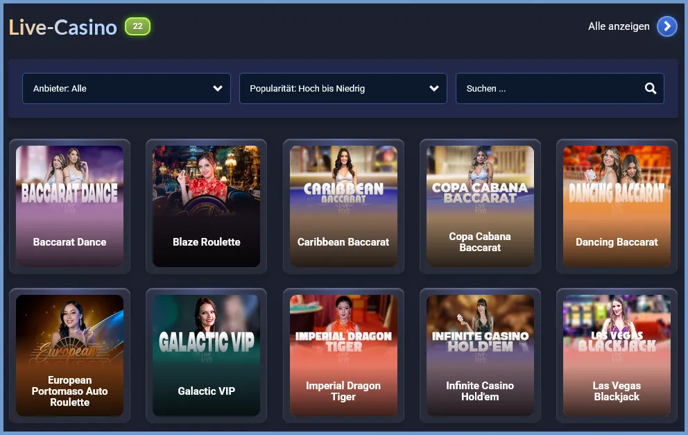 Übersicht aller Live-Casino-Spiele bei DiscoWin Casino