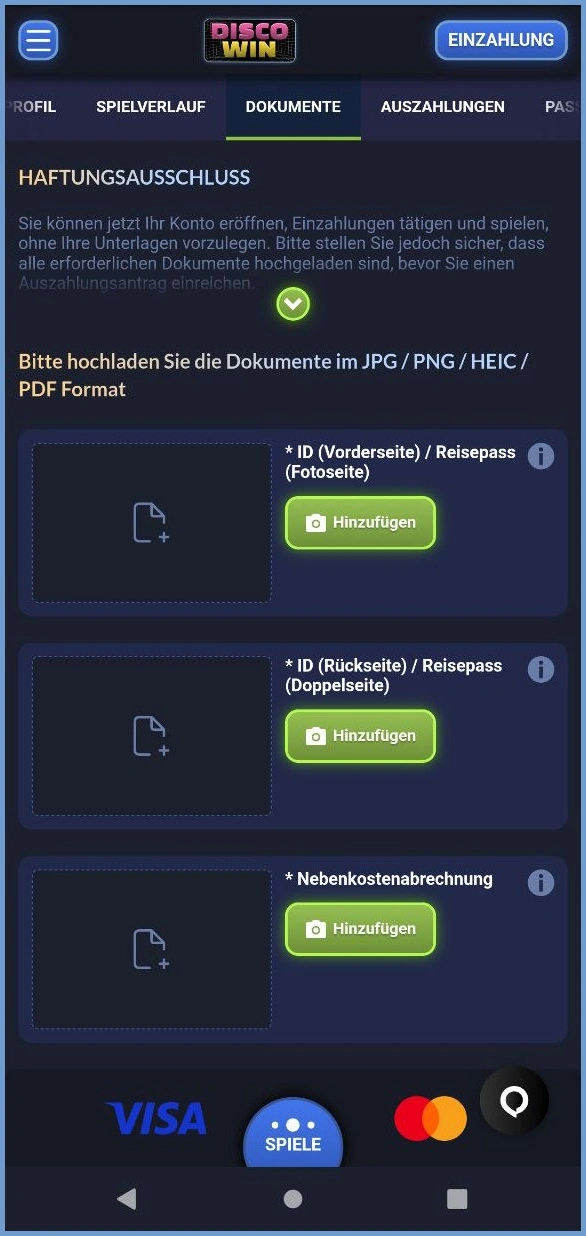 DiscoWin Casino Verifizierung – Dokument hochladen zur Kontobestätigung