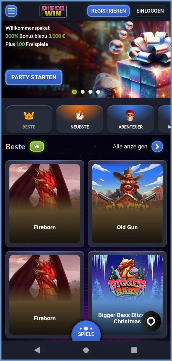 Optimierte mobile Version von DiscoWin Casino